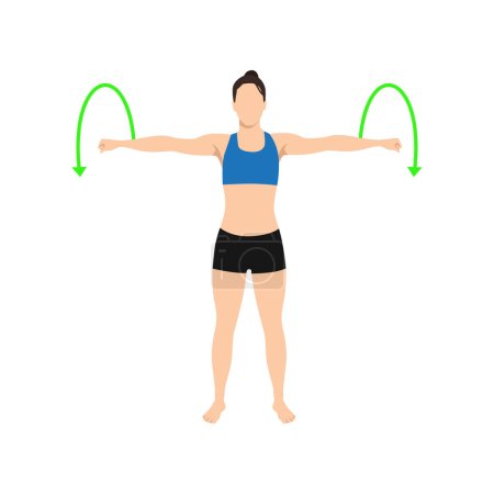 Téléchargez les illustrations : Femme faisant des cercles de bras exercice. Illustration vectorielle plate isolée sur fond blanc - en licence libre de droit