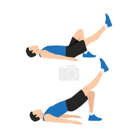 Illustration for Man doing Single leg glute bridge, arm workout exercise. Flat vector illustration isolated on white background - Royalty Free Image