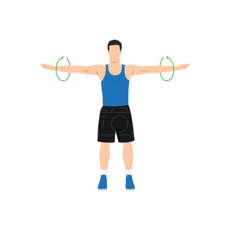 Téléchargez les illustrations : Homme faisant des cercles de bras debout exercice. Illustration vectorielle plate isolée sur fond blanc - en licence libre de droit