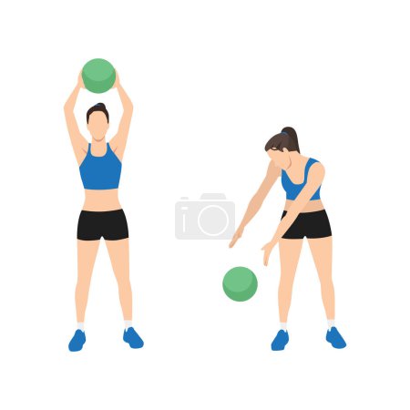 Illustration for Woman doing Medicine ball. Alternating side slams exercise. Flat vector illustration isolated on white background. workout character set - Royalty Free Image
