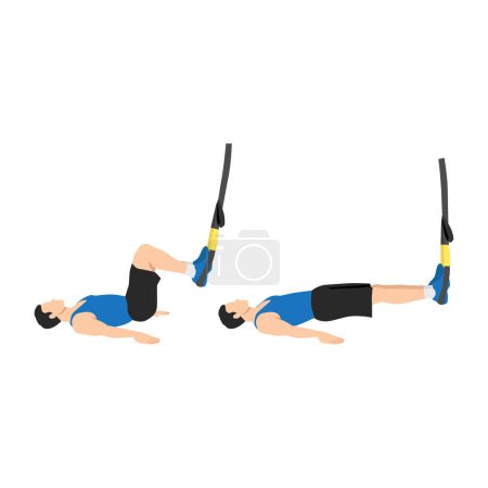 Illustration for Man doing TRX Suspension strap hamstring. Leg curls exercise. Flat vector illustration isolated on white background - Royalty Free Image