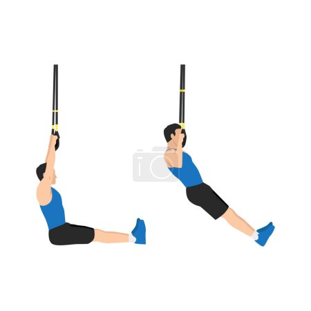 Illustration for Man doing TRX pull ups exercise. Flat vector illustration isolated on white background - Royalty Free Image