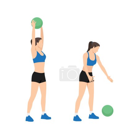 Illustration for Woman doing Medicine ball slams exercise. Flat vector illustration isolated on white background. workout character set - Royalty Free Image