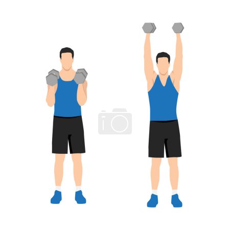 Der Mann macht eine Übung im Schulterpressen. Flache Vektordarstellung isoliert auf weißem Hintergrund. Workout-Zeichensatz