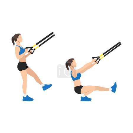 Illustration for Woman doing TRX Pistol. Single leg Squat. extended arm exercise. Flat vector illustration isolated on white background - Royalty Free Image