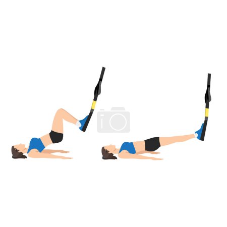 Téléchargez les illustrations : Femme faisant TRX Suspension bretelles glute bridge exercice. Illustration vectorielle plate isolée sur fond blanc - en licence libre de droit