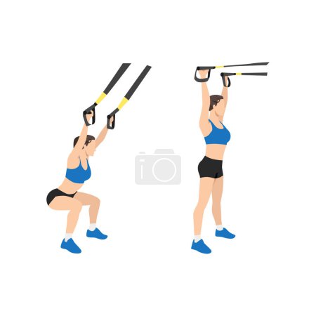 Téléchargez les illustrations : Femme faisant TRX Suspension bretelles au-dessus des squats exercice. Illustration vectorielle plate isolée sur fond blanc - en licence libre de droit