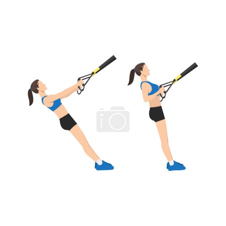 Téléchargez les illustrations : Femme faisant TRX Suspension sangle rangées exercice. Illustration vectorielle plate isolée sur fond blanc - en licence libre de droit