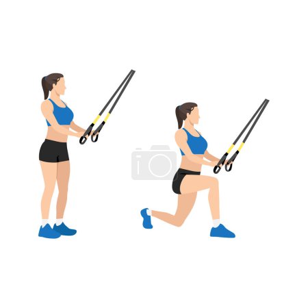Illustration for Woman doing TRX Reverse lunges exercise. Flat vector illustration isolated on white background - Royalty Free Image