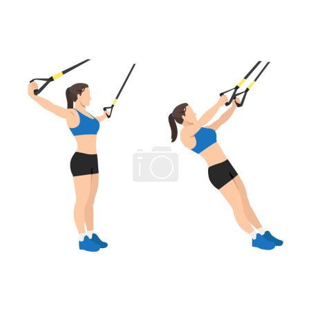 Illustration for Woman doing TRX Suspension strap T Flyes exercise. Flat vector illustration isolated on white background - Royalty Free Image
