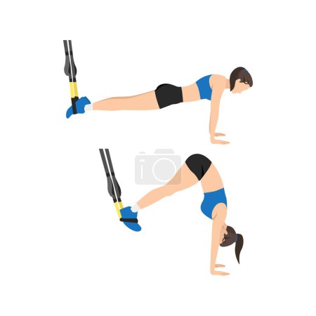 Illustration for Woman doing TRX Suspension straps saw pikes exercise. Flat vector illustration isolated on white background - Royalty Free Image