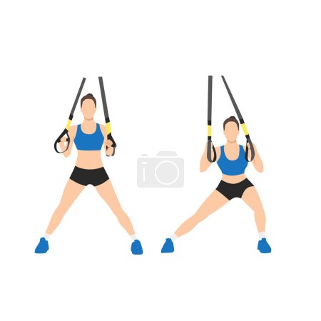 Illustration for Woman doing TRX Suspension straps side step. Lateral lunges exercise. Flat vector illustration isolated on white background - Royalty Free Image