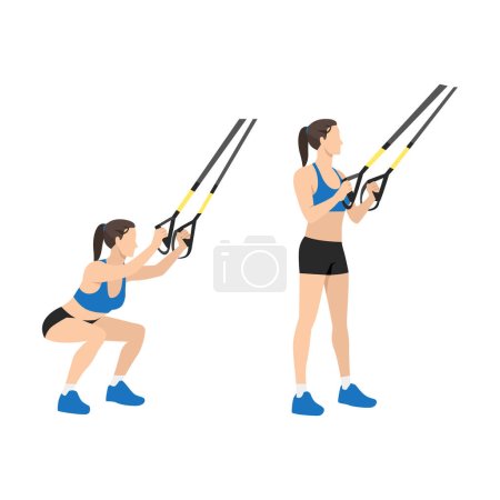 Illustration for Woman doing TRX Suspension straps squats exercise. Flat vector illustration isolated on white background - Royalty Free Image