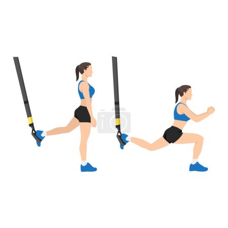 Illustration for Woman doing TRX Suspension straps suspended lunges exercise. Flat vector illustration isolated on white background - Royalty Free Image