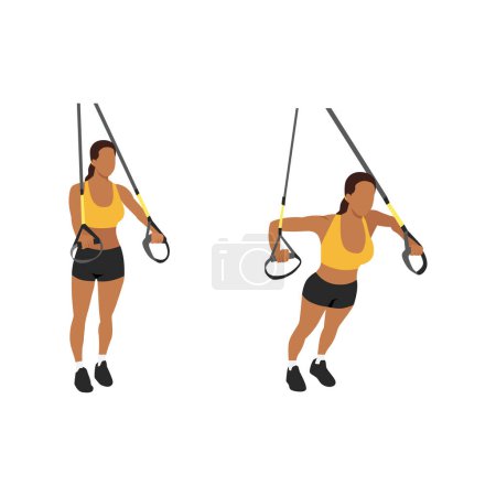 Illustration for Woman doing TRX Suspension straps chest press exercise. Flat vector illustration isolated on white background - Royalty Free Image