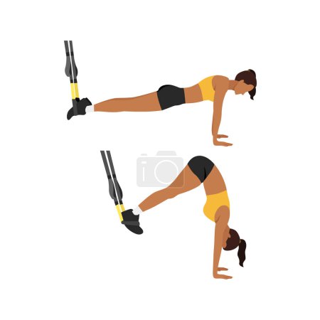 Illustration for Woman doing TRX Suspension straps saw pikes exercise. Flat vector illustration isolated on white background - Royalty Free Image