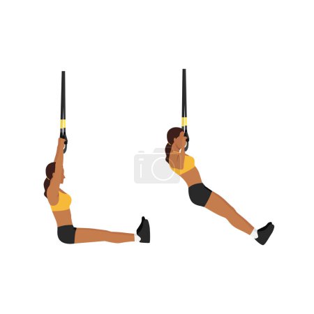 Téléchargez les illustrations : Femme faisant TRX pull ups exercice. Illustration vectorielle plate isolée sur fond blanc - en licence libre de droit