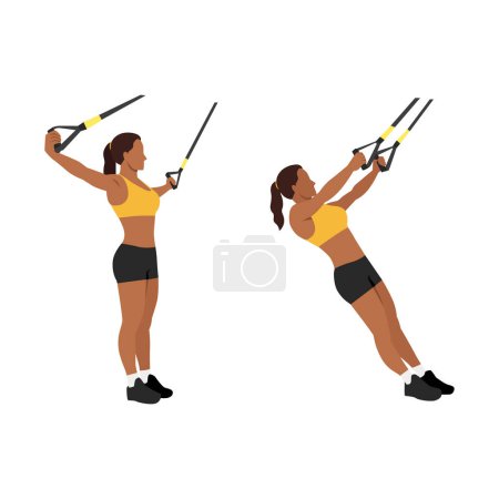 Illustration for Woman doing TRX Suspension strap T Flyes exercise. Flat vector illustration isolated on white background - Royalty Free Image