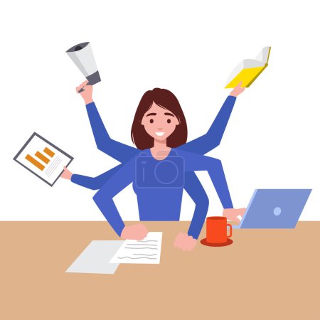 Business stress and multitasking. Flat vector concept isolated illustration. Busy businesswoman in the office works in a few hands. Professional manager sitting in the meditation