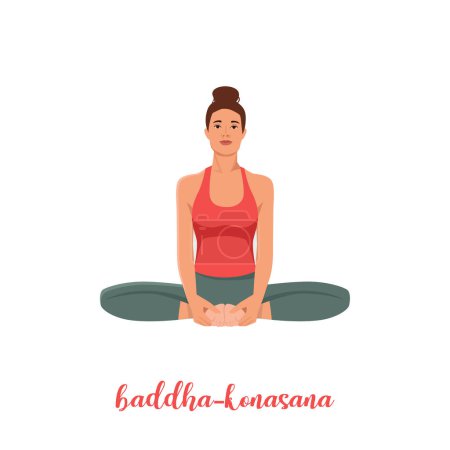 Ilustración de Mujer haciendo pose de yoga en ángulo unido. Baddha Konasana. Ilustración vectorial plana aislada sobre fondo blanco - Imagen libre de derechos