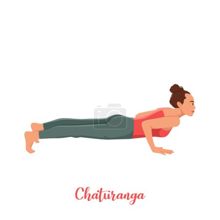 Illustration for Woman doing yoga pose. Chaturanga pose. Flat vector illustration isolated on white background - Royalty Free Image