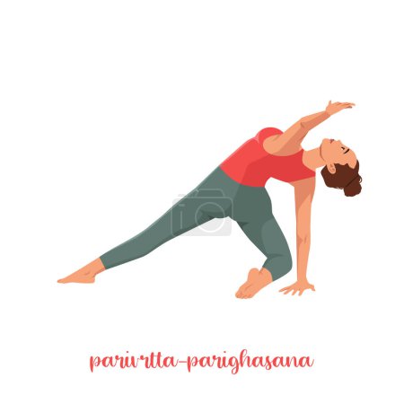 Ilustración de Mujer haciendo Parivrtta Parighasana o Postura Giratoria de Yoga. Ilustración vectorial plana aislada sobre fondo blanco - Imagen libre de derechos