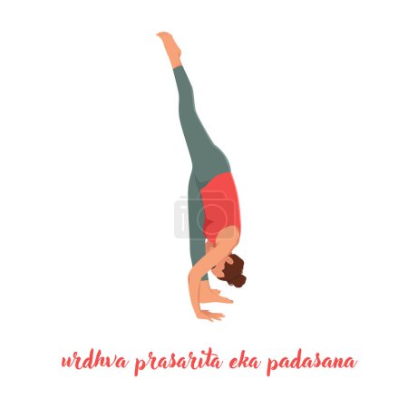 Ilustración de Mujer haciendo Standing splits o pose de yoga Urdhva Prasarita Eka Padasana. Ilustración vectorial plana aislada sobre fondo blanco - Imagen libre de derechos
