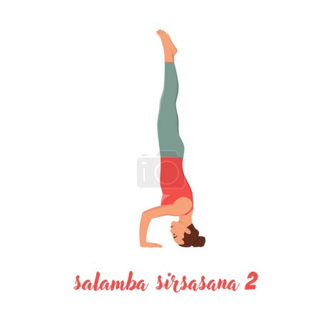 Woman working out against white wall, doing yoga or pilates exercise. Headstand, salamba sirsasana II. Flat vector illustration isolated on white background