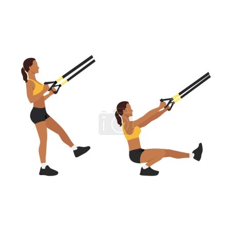 Illustration for Woman doing TRX Pistol. Single leg Squat. extended arm exercise. Flat vector illustration isolated on white background - Royalty Free Image