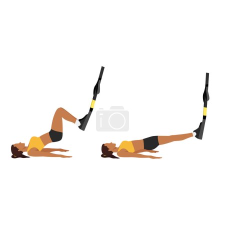 Téléchargez les illustrations : Femme faisant TRX Suspension strap hamstring. Exercice de boucles de jambes. Illustration vectorielle plate isolée sur fond blanc - en licence libre de droit