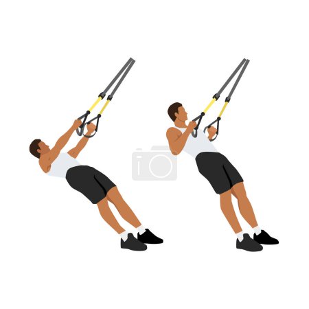 Homme faisant TRX Suspension sangle rangées exercice. Illustration vectorielle plate isolée sur fond blanc