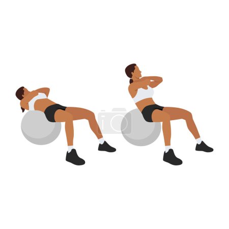 Illustration for Woman doing stability,swiss,exercise ball crunches exercise Flat vector isolated on white background - Royalty Free Image