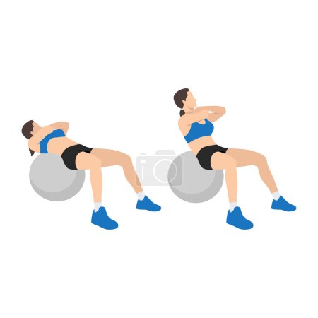Illustration for Woman doing stability,swiss,exercise ball crunches exercise Flat vector isolated on white background - Royalty Free Image
