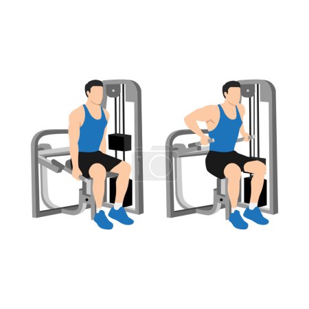 Homme faisant Assisted Machine assis tricep trempettes exercice. Illustration vectorielle plate isolée sur fond blanc