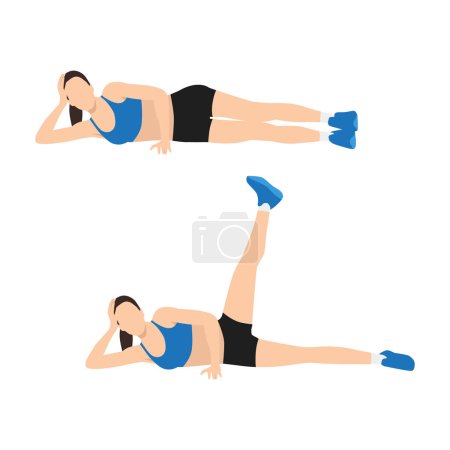 Ilustración de Mujer haciendo ejercicio de secuestro de cadera de lado acostado. Ilustración vectorial plana aislada sobre fondo blanco - Imagen libre de derechos