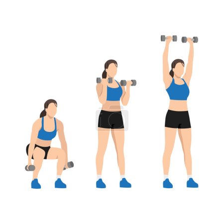 Woman doing Squat to curl to press exercise. Flat vector illustration isolated on white background