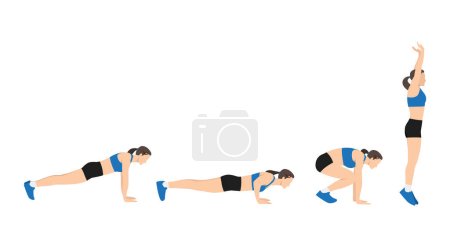 Femme faisant Burpee avec pousser vers le haut exercice. Illustration vectorielle plate isolée sur fond blanc