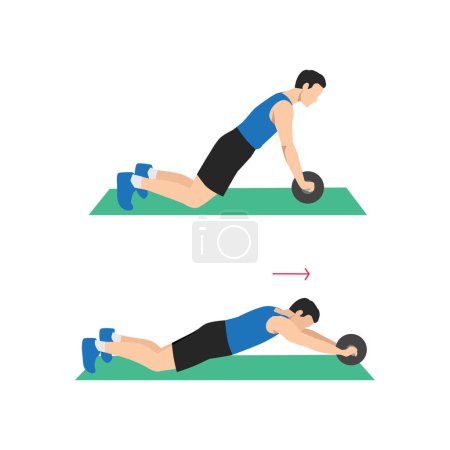 Illustration for Man doing Ab roller exercise. Flat vector illustration isolated on white background - Royalty Free Image