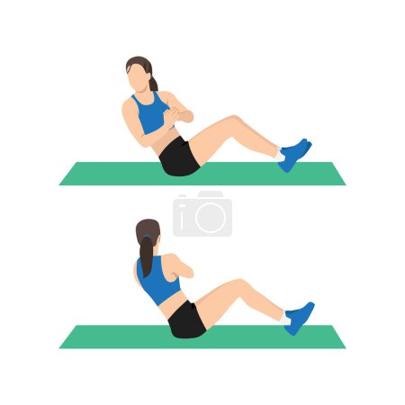 Illustration for Woman doing Russian twists exercise. Flat vector illustration isolated on white background. workout character set - Royalty Free Image