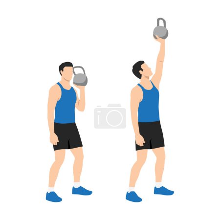Illustration for Man doing One arm shoulder press with kettlebell exercise. Flat vector illustration isolated on white background - Royalty Free Image