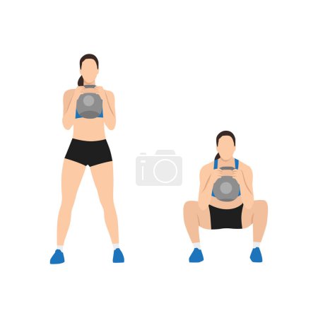 Frau macht Kettlebell Becher hocken Frontansicht Übung. Flache Vektordarstellung isoliert auf weißem Hintergrund. Workout-Zeichensatz