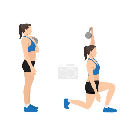 Femme faisant Kettlebell exercice de presse fente. Illustration vectorielle plate isolée sur fond blanc. jeu de caractères d'entraînement