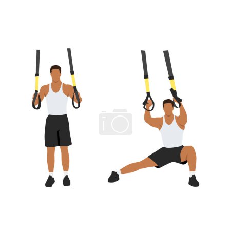 Illustration for Man doing TRX Suspension straps side step. Lateral lunges exercise. Flat vector illustration isolated on white background - Royalty Free Image