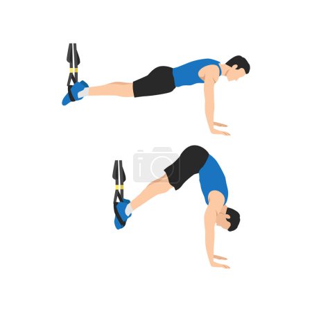 Illustration for Man doing TRX Suspension straps saw pikes exercise. Flat vector illustration isolated on white background - Royalty Free Image