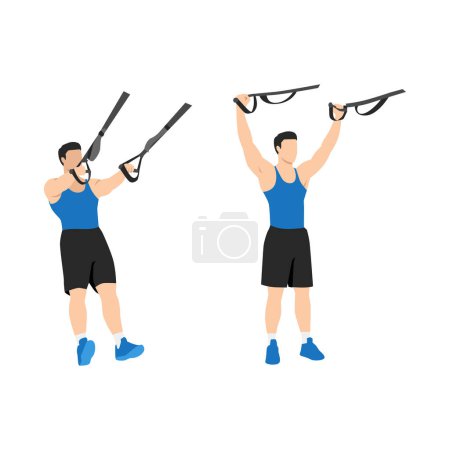 Illustration for Man doing TRX Suspension straps deltoid Flyes exercise. Flat vector illustration isolated on white background - Royalty Free Image