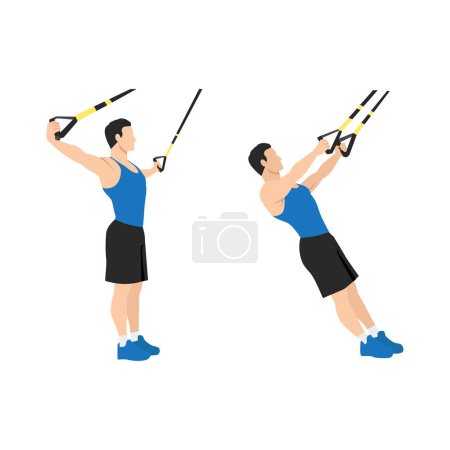 Illustration for Man doing TRX Suspension strap T Flyes exercise. Flat vector illustration isolated on white background - Royalty Free Image