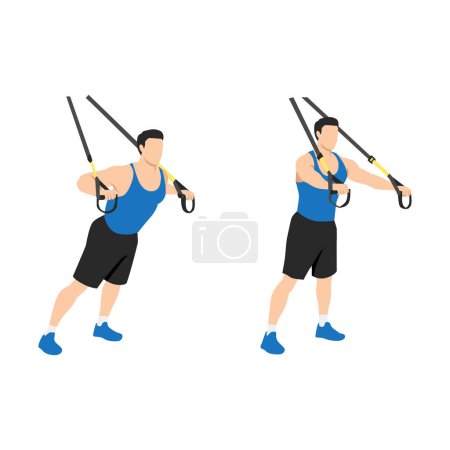 Homme faisant TRX Suspension bretelles poitrine presse exercice. Illustration vectorielle plate isolée sur fond blanc