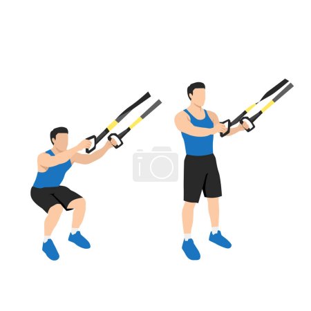 Téléchargez les illustrations : Homme faisant TRX Suspension sangles squats exercice. Illustration vectorielle plate isolée sur fond blanc - en licence libre de droit