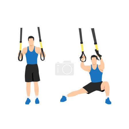 Illustration for Man doing TRX Suspension straps side step. Lateral lunges exercise. Flat vector illustration isolated on white background - Royalty Free Image