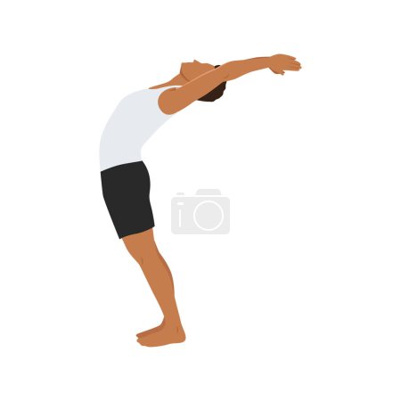 Illustration for Man practices yoga in the raised arms pose. Healthy lifestyle and wellness concept. Flat vector illustration for Yoga Day. Hasta Uttanasana pose. Sun salutation, surya namaskara. - Royalty Free Image